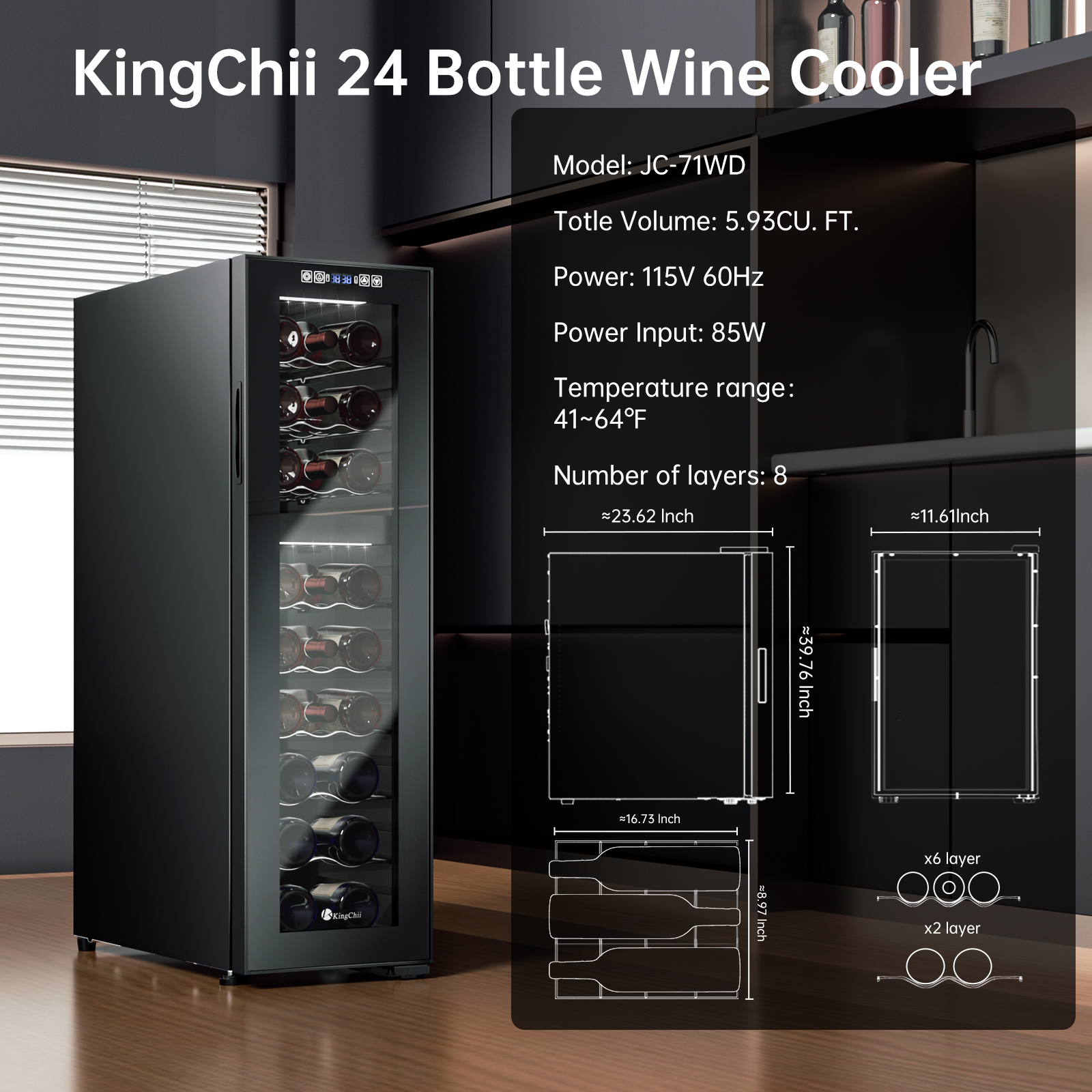 KingChii 24 Bottle Dual Zone Wine Cooler Refrigerator, Freestanding Wine Fridge with Intelligent Digital Control, Low Noise Professional Compressor, Stainless Steel & Tempered Glass for Home, Office, or Kitchen
