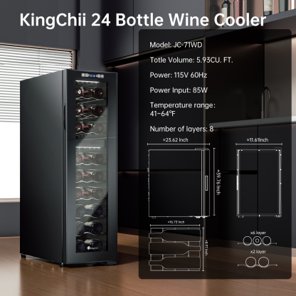 KingChii 24 Bottle Dual Zone Wine Cooler Refrigerator, Freestanding Wine Fridge with Intelligent Digital Control, Low Noise Professional Compressor, Stainless Steel & Tempered Glass for Home, Office, or Kitchen