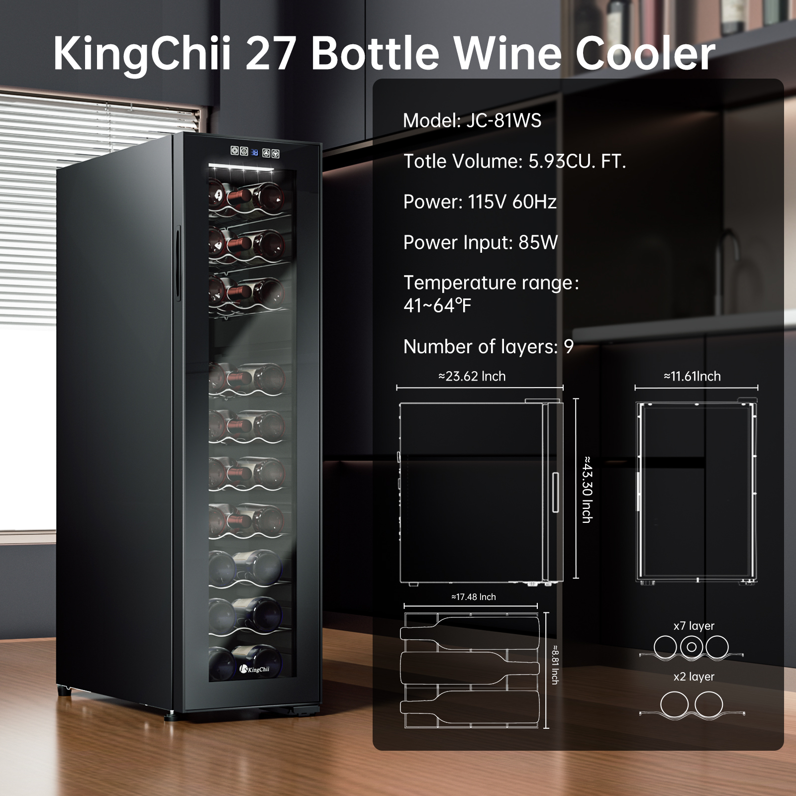 KingChii 27 Bottle Wine Cooler Refrigerator Freestanding Wine Fridge - Intelligent Digital Control, Low Noise Professional Compressor, Stainless Steel & Tempered Glass for Home, Office, or Kitchen