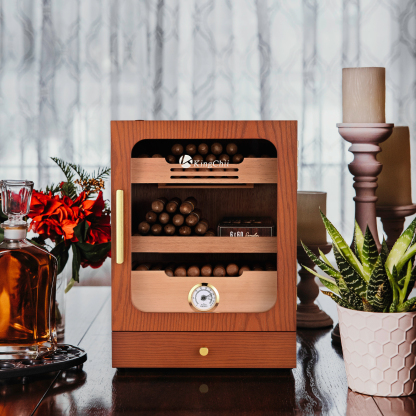 KingChii Cigar Humidor, Light Control System with Spanish Cedar Wood Drawer, Hygrometer, 3 Humidifiers and Cigar Accessories Drawer, Father's Day Gift for Men, Holds 100 Cigars (Brown)