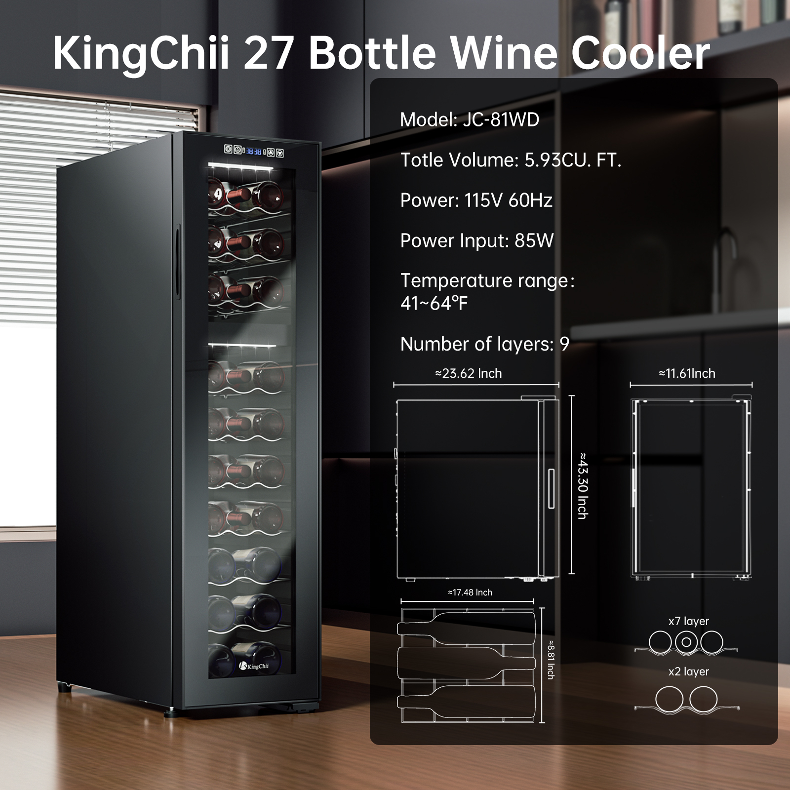 KingChii 27 Bottle Dual Zone Wine Cooler Refrigerator, Freestanding Wine Fridge with Intelligent Digital Control, Low Noise Professional Compressor, Stainless Steel & Tempered Glass for Home, Office, or Kitchen