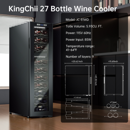 KingChii 27 Bottle Dual Zone Wine Cooler Refrigerator, Freestanding Wine Fridge with Intelligent Digital Control, Low Noise Professional Compressor, Stainless Steel & Tempered Glass for Home, Office, or Kitchen