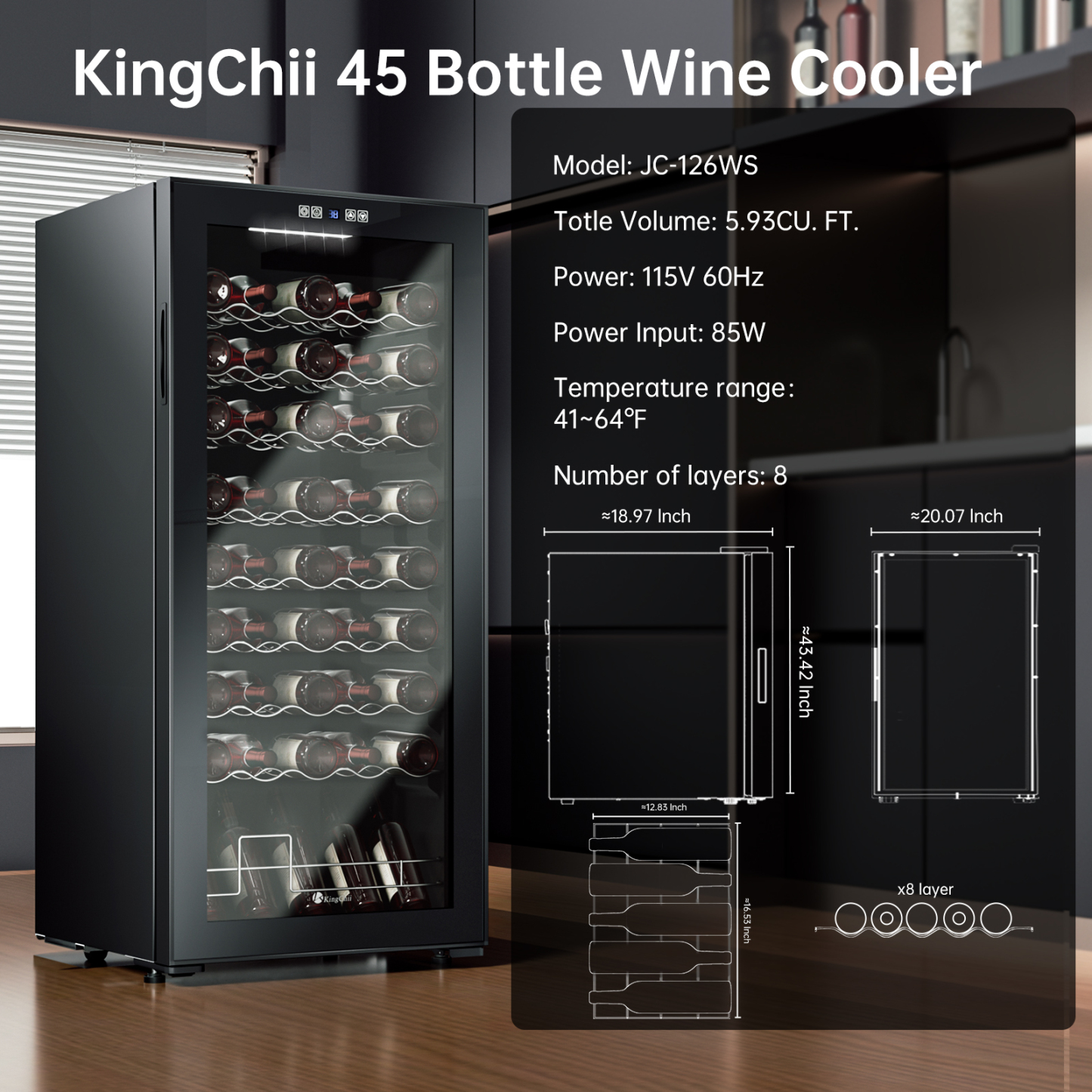 KingChii 45 Bottle Wine Cooler Refrigerator Freestanding Wine Fridge - Intelligent Digital Control, Low Noise Professional Compressor, Tempered Glass for Home, Office