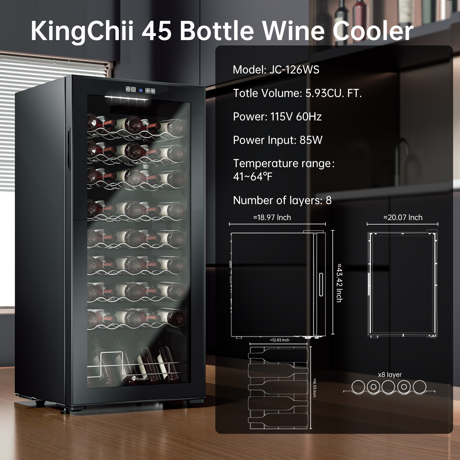 KingChii 45 Bottle Wine Cooler Refrigerator Freestanding Wine Fridge - Intelligent Digital Control, Low Noise Professional Compressor, Tempered Glass for Home, Office