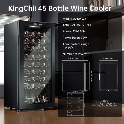 KingChii 45 Bottle Wine Cooler Refrigerator Freestanding Wine Fridge - Intelligent Digital Control, Low Noise Professional Compressor, Tempered Glass for Home, Office