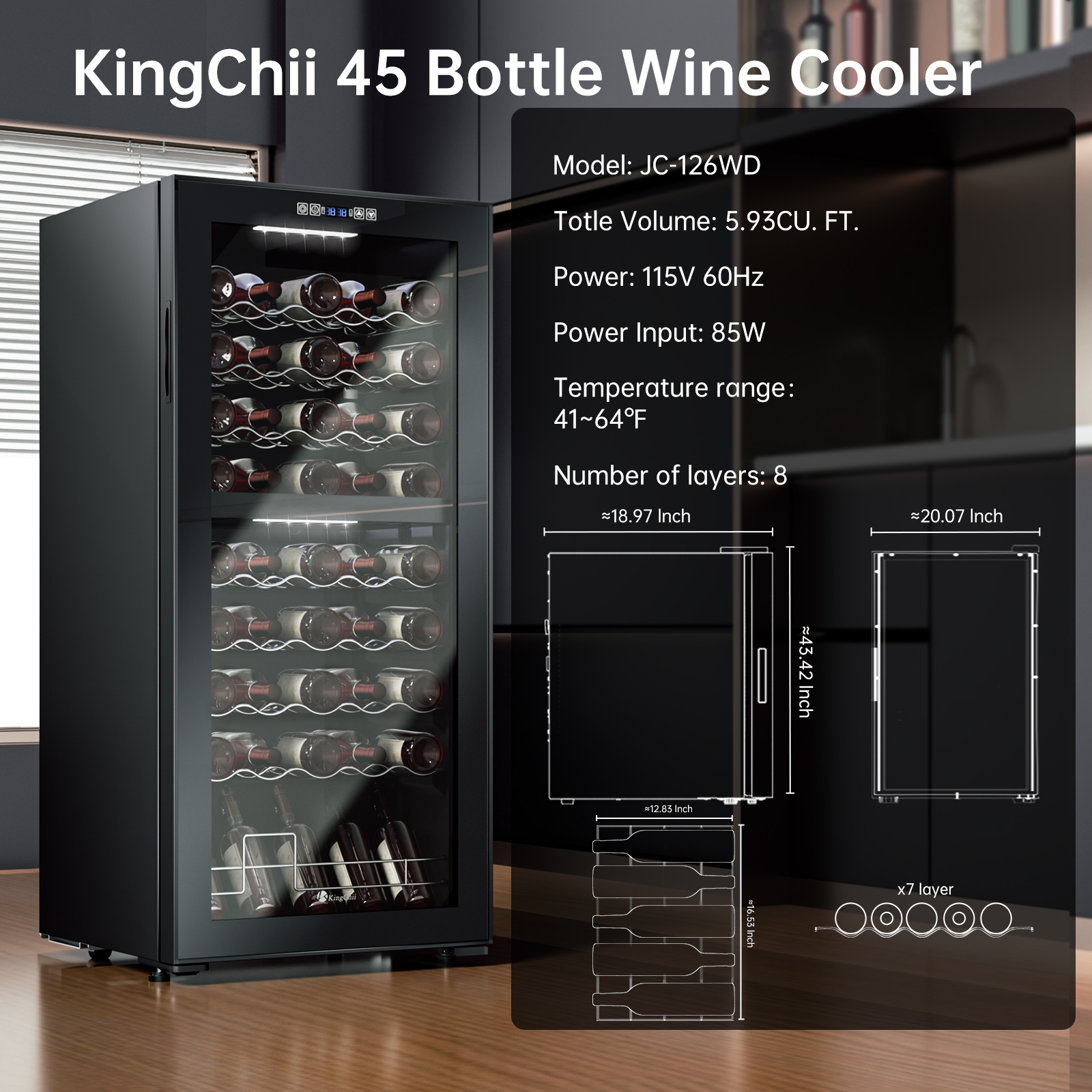 KingChii 45 Bottle Dual Zone Wine Cooler Refrigerator, Freestanding Wine Fridge with Intelligent Digital Control, Low Noise Professional Compressor, Tempered Glass for Home or Office