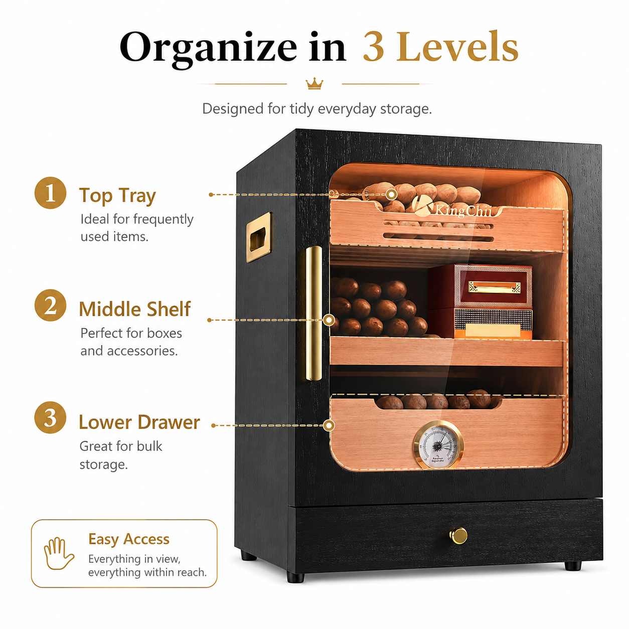 KingChii 20L 100-Cigar Light-Control Humidor, Black