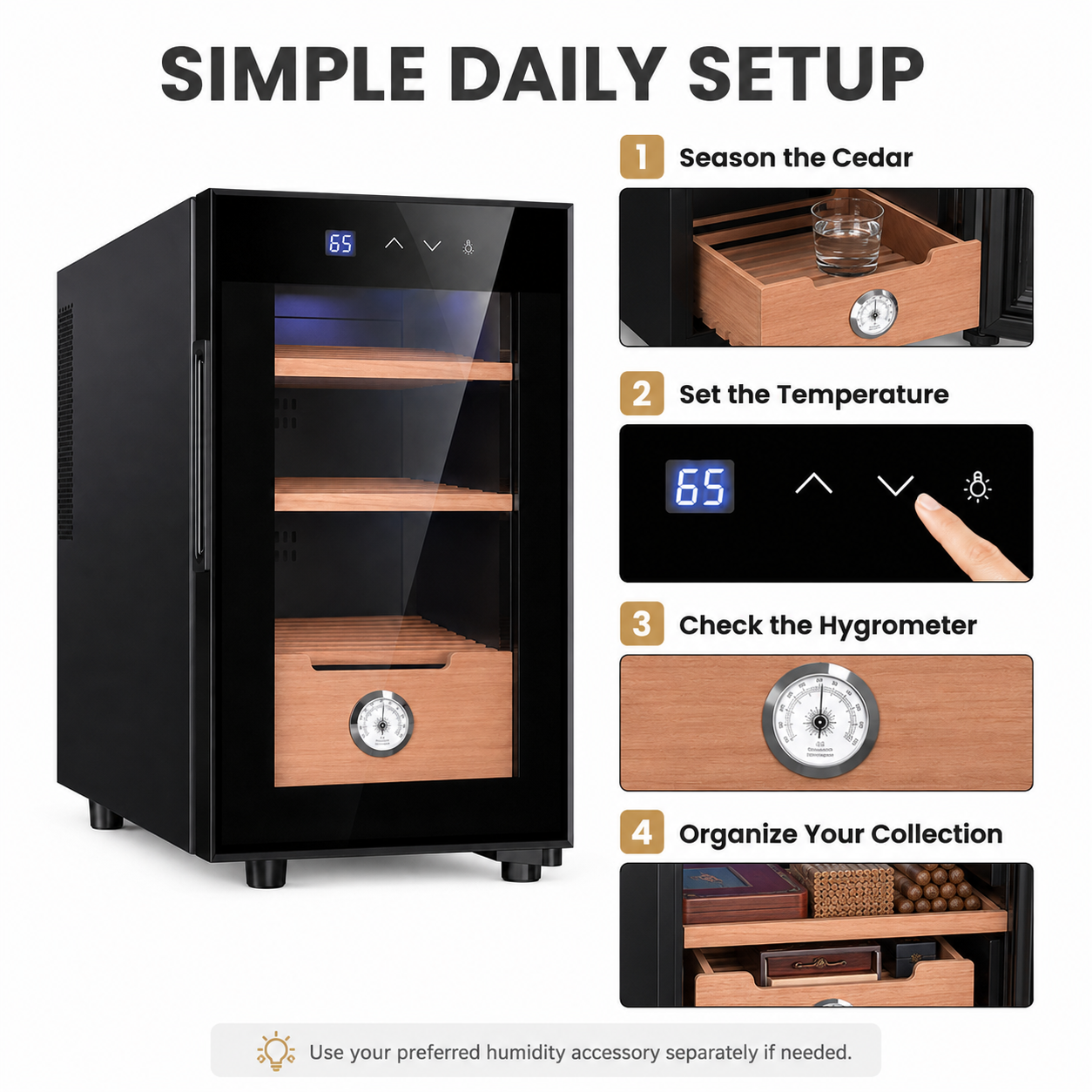 Control panel view on the KingChii 23L electric cigar humidor
