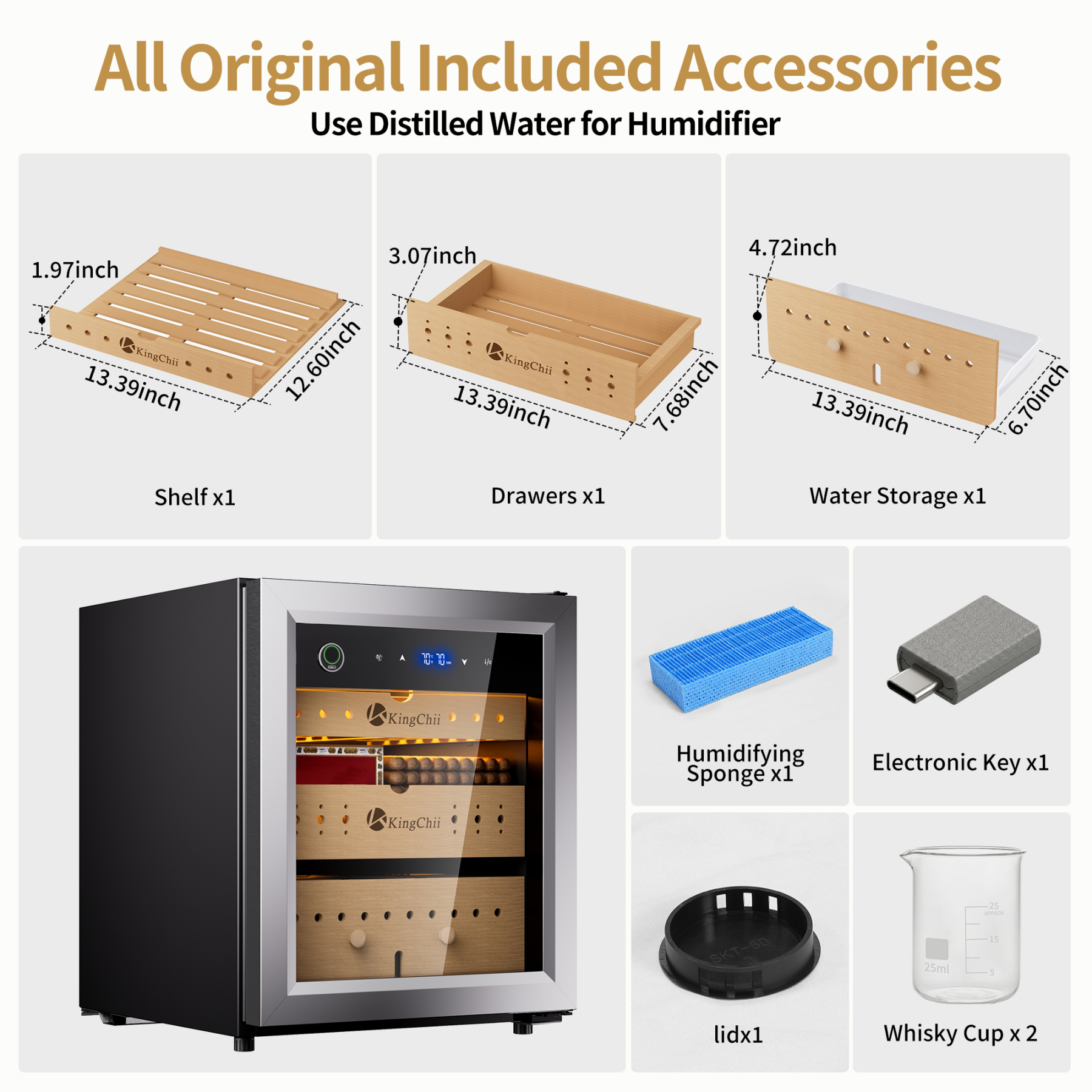 KingChii 50L Electric Compression Cigar Humidor, Temperature & Humidity Control Cabinet, Built-in Fingerprint Lock with Spanish Cedar Wood Shelves & Drawer Hygrometer for Lounge/Home Use-300 Capacity
