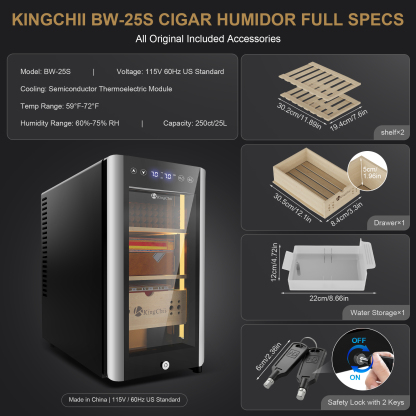 KingChii Electric Cigar Humidors, Electronic Temperature Control Cabinet with Spanish Cedar Wood Shelves & Drawer Hygrometer (25L, Temp&Humidity Control)