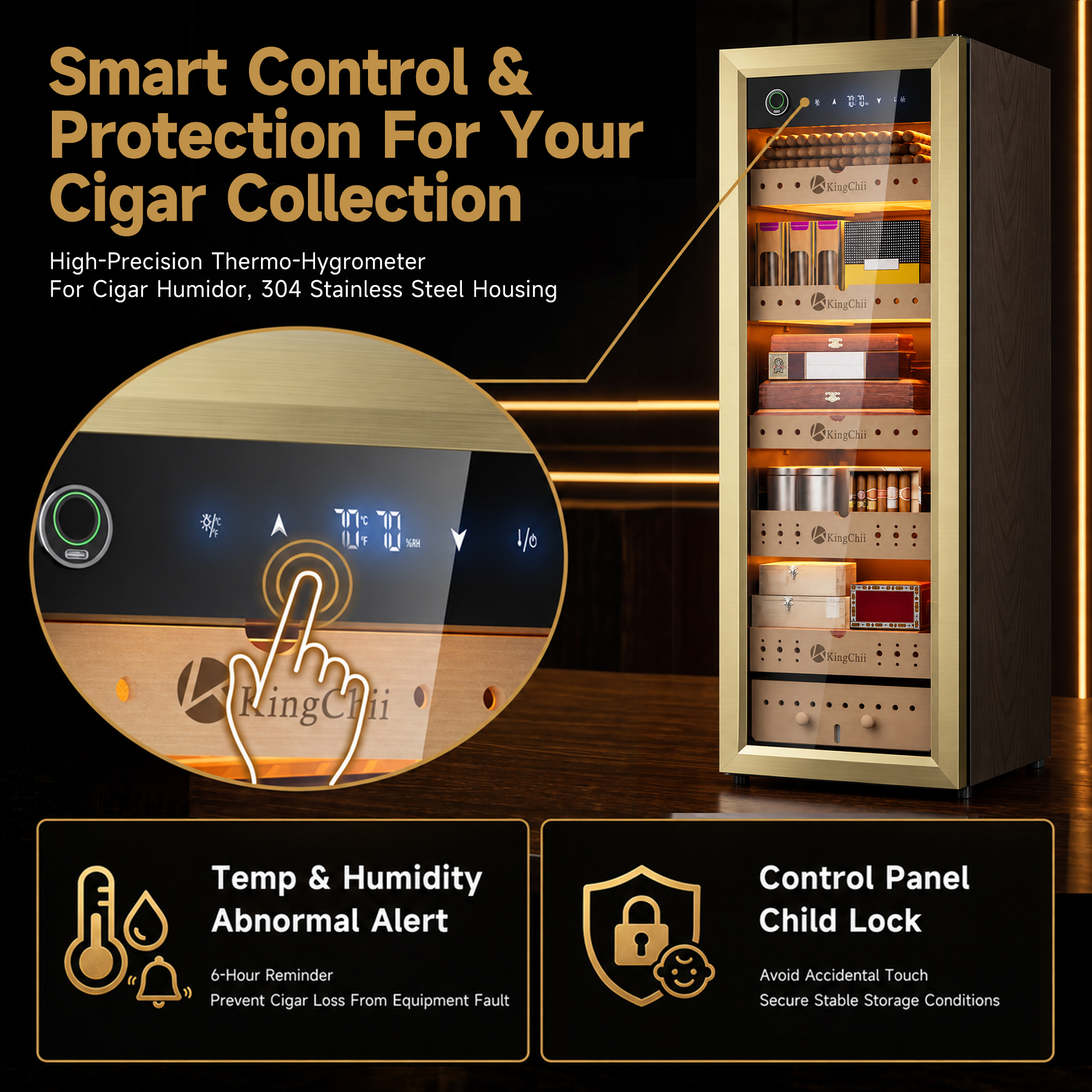 KingChii Pro 160L Compressor Electric Cigar Humidor, Temp & Humidity Control, 1300 cigar Capacity-Gold