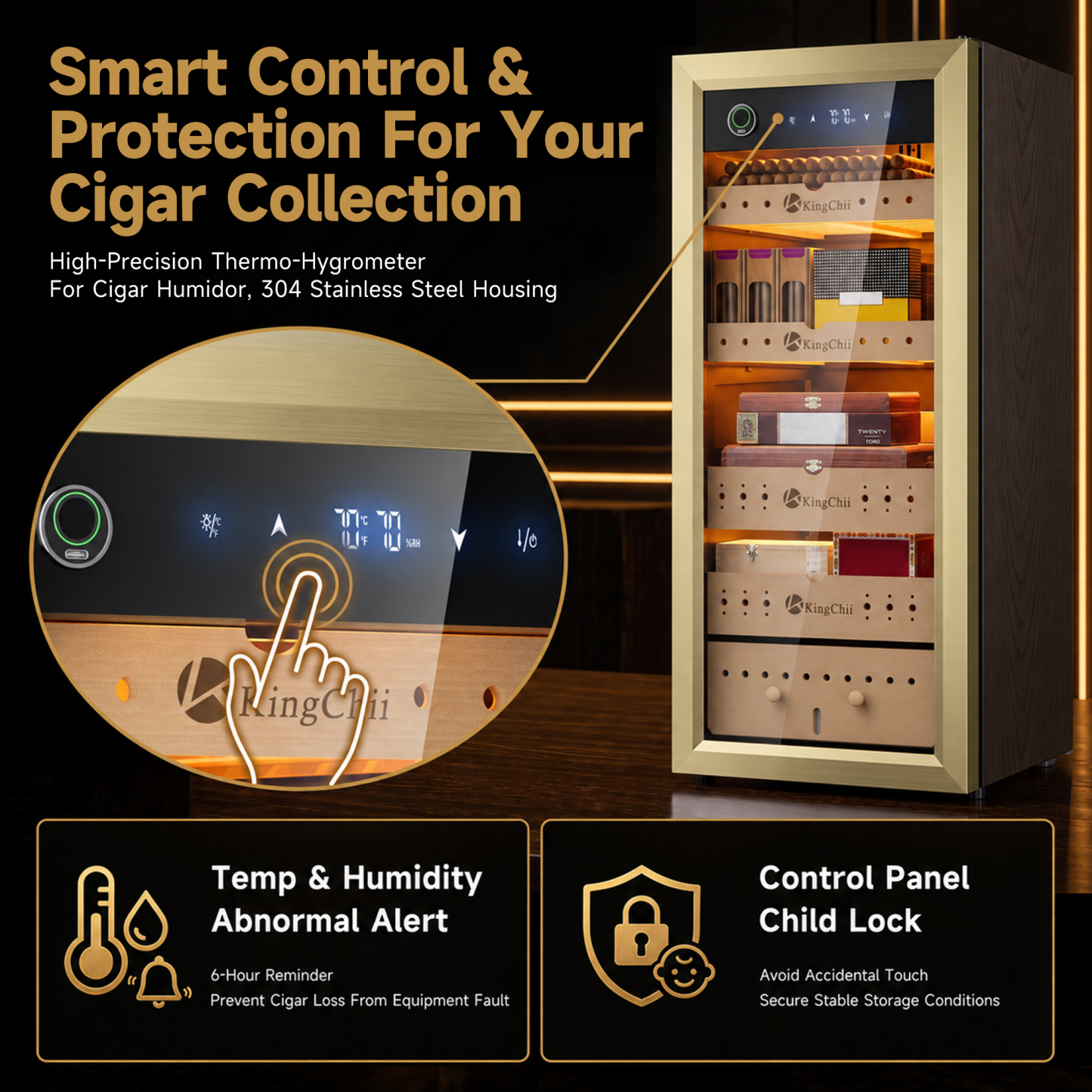 KingChii Pro 105L  Compressor Cigar Humidor Cabinet with Auto Temperature & Humidity Control, 900 Capacity-Gold