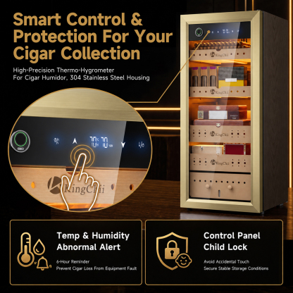 KingChii Pro 105L  Compressor Cigar Humidor Cabinet with Auto Temperature & Humidity Control, 900 Capacity-Gold