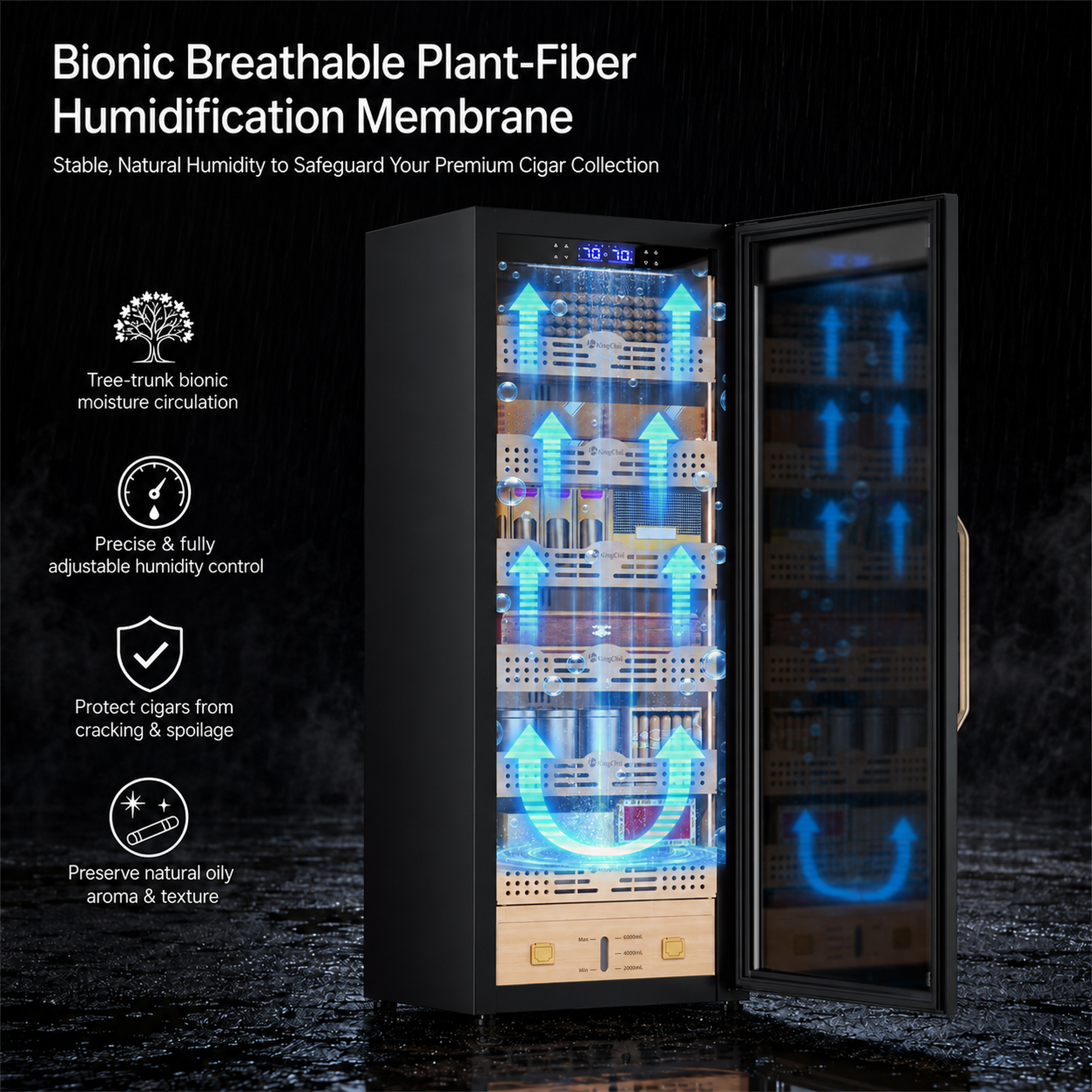 KingChii Pro 338L Smart Compressor Cigar Humidor Cabinet , Gold Glass Door & Compressor Cooling-2180 cigars