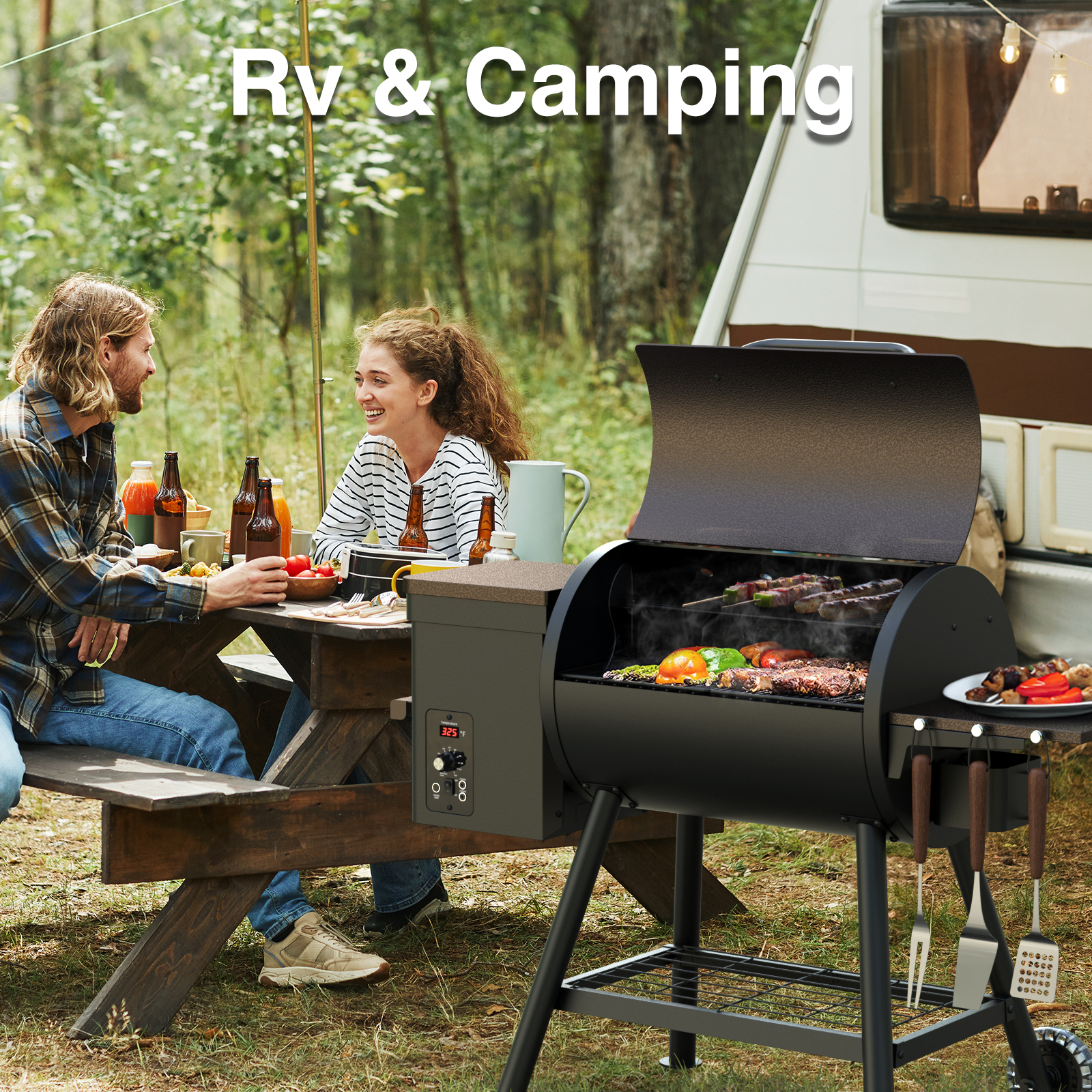 KingChii 456 SQ.IN Pellet Grill Smoker with Side Shelf, 8 IN 1 BBQ Grill with PID Temperature Control for Outdoor Cooking, BBQ Camping and Patio, Brown