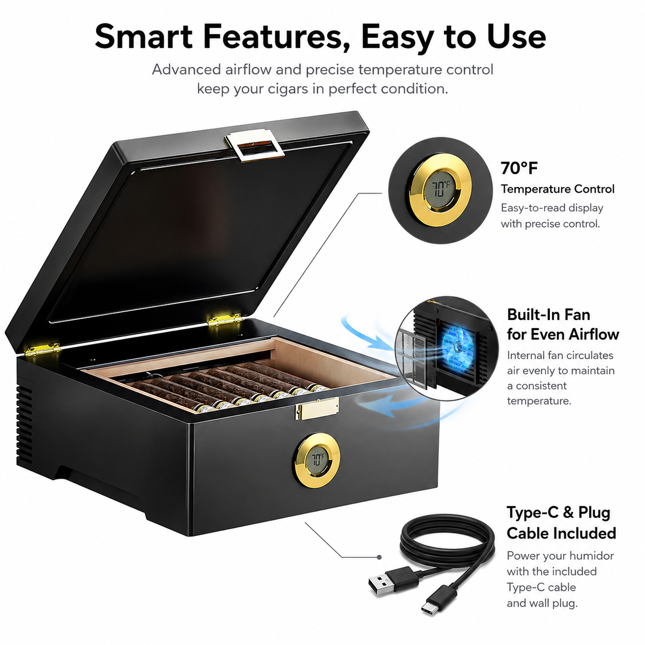 KingChii 3L Desktop Cigar Humidor, 25-50 Cigar Capacity