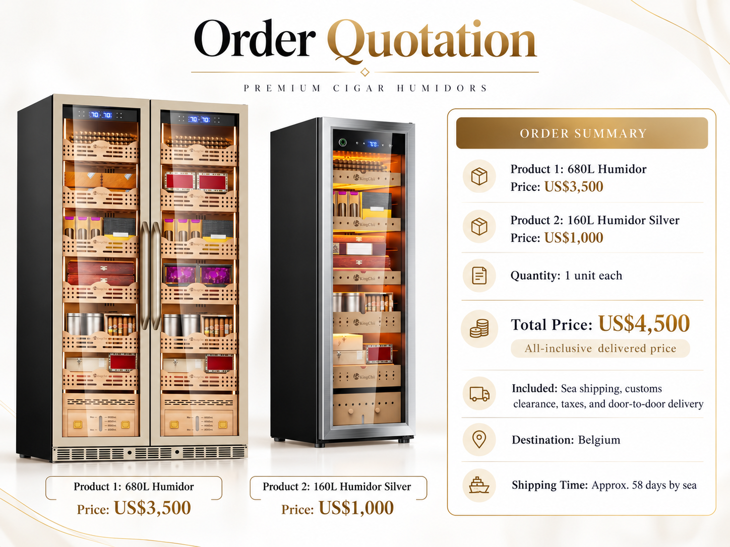 KingChii 680L Gold + 160L Silver Cigar Humidor Set – DDP Delivery to Belgium