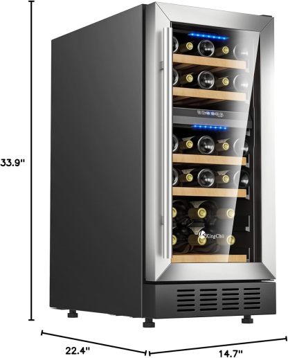 KingChii® 15 Inch 26 Bottles Dual Zone Wine Cooler Refrigerator Professional Compressor, Stainless Steel & Tempered Glass For Red Wine, Champagne - Built-in or Freestanding for Home, Kitchen, or Office