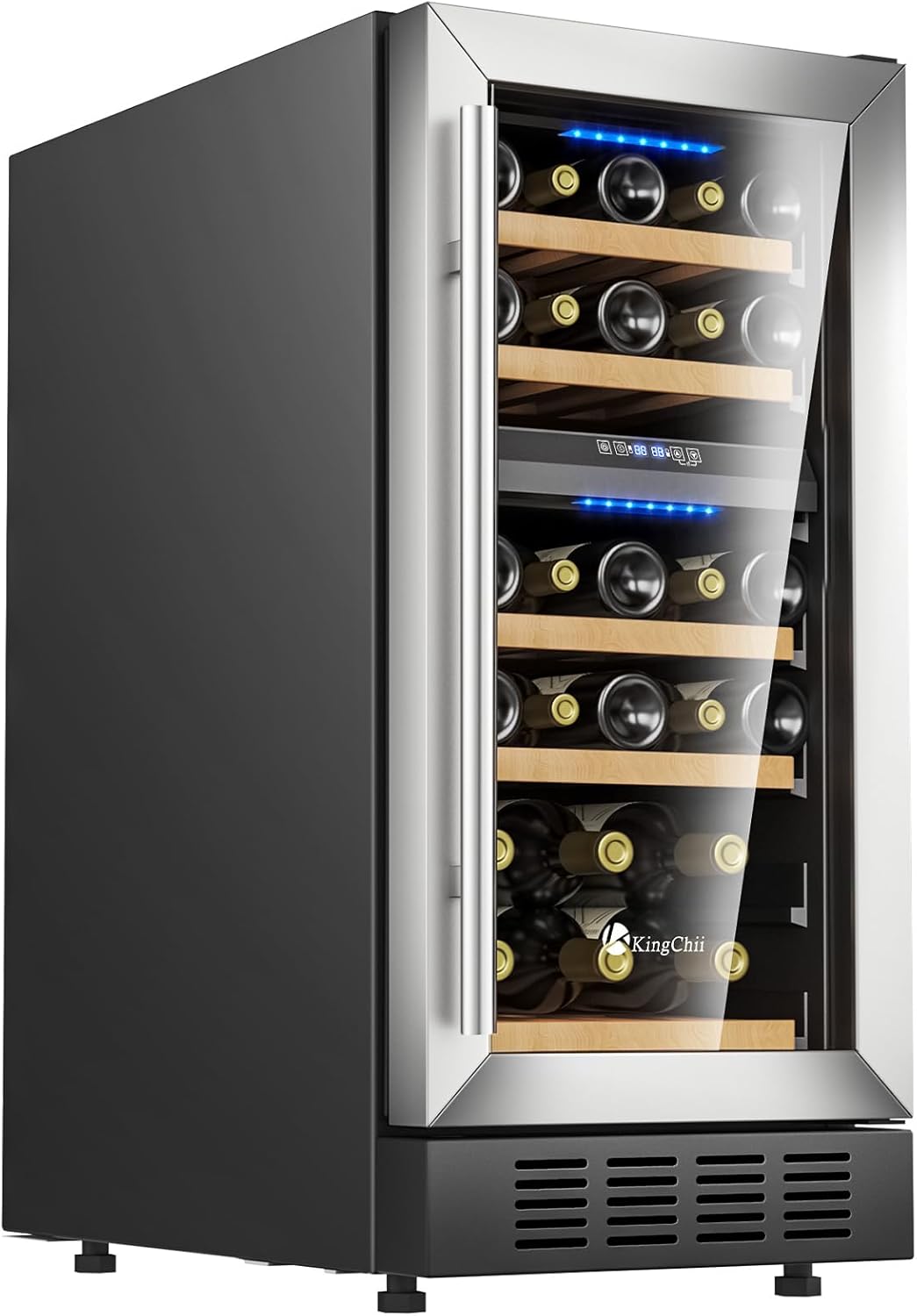 KingChii® 15 Inch 26 Bottles Dual Zone Wine Cooler Refrigerator Professional Compressor, Stainless Steel & Tempered Glass For Red Wine, Champagne - Built-in or Freestanding for Home, Kitchen, or Office