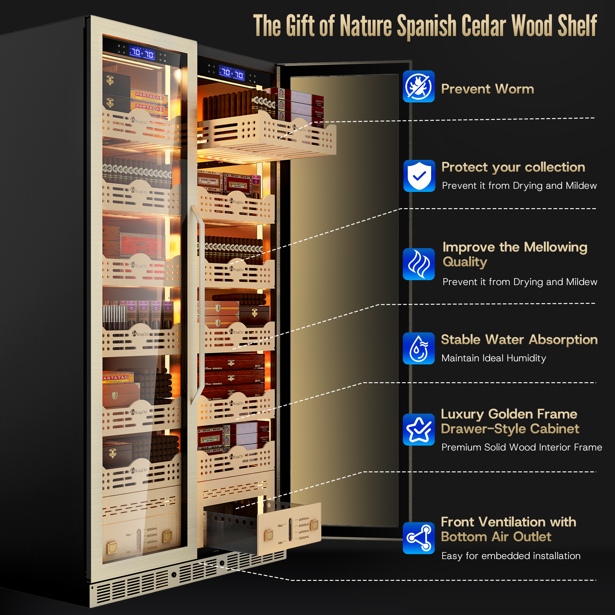 KingChii Dual Zone Electric Cigar Humidor Cabinet, 4400-5600 Capacity, Compressor Cooling, Built-in/Freestanding with Lock