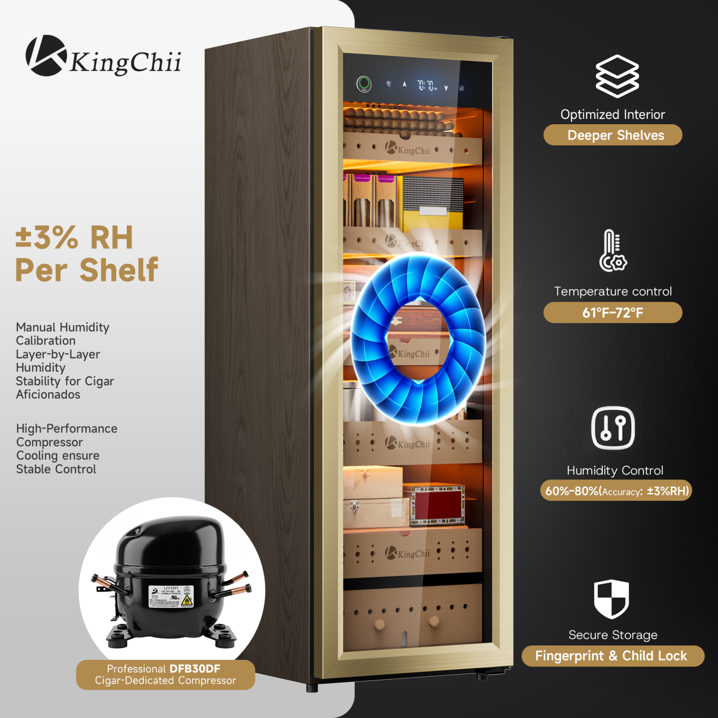 KingChii Pro 160L Compressor Electric Cigar Humidor, Temp & Humidity Control, 1300 cigar Capacity-Gold