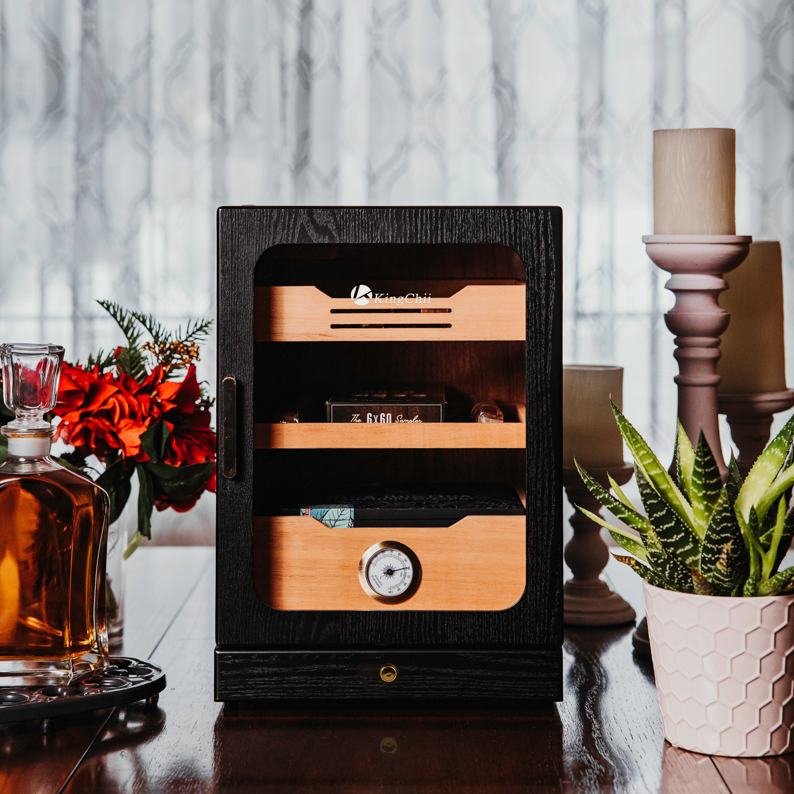 KingChii Cigar Humidor, Light Control System with Spanish Cedar Wood Drawer, Hygrometer, 3 Humidifiers and Cigar Accessories Drawer, for Men, Holds 100 Cigars (Black)