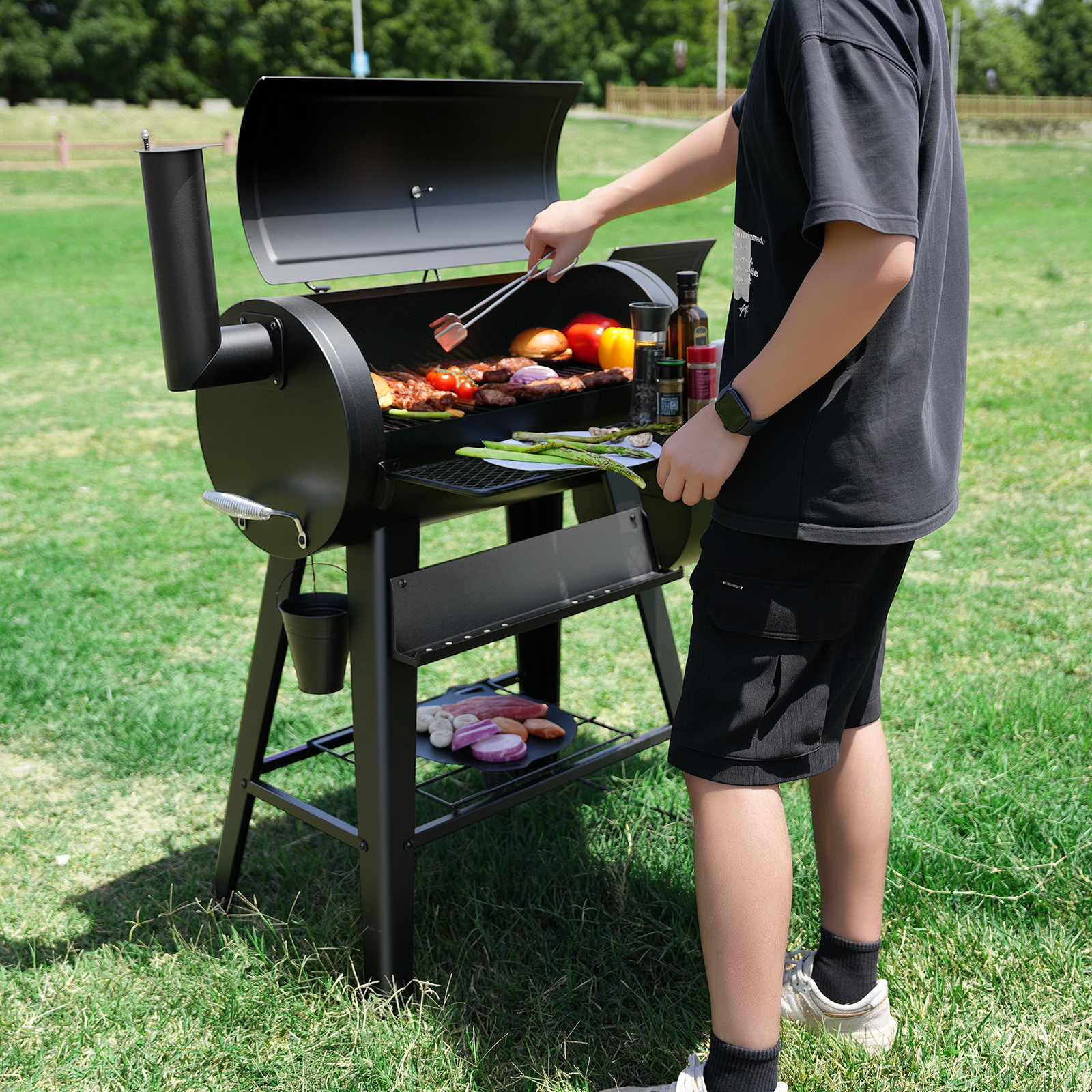 KingChii 547 SQ.IN. Charcoal Grills with Charcoal Wood Offset Smokers for Outdoor Patio BBQ Grilling, Black