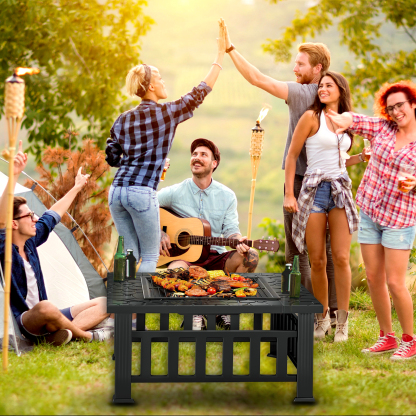 KingChii 32" Fire Pit Table Wood Burning Square Metal Firepit for Outdoor, Patio Backyard BBQ with Mesh Lid, Poker and Cover, Black