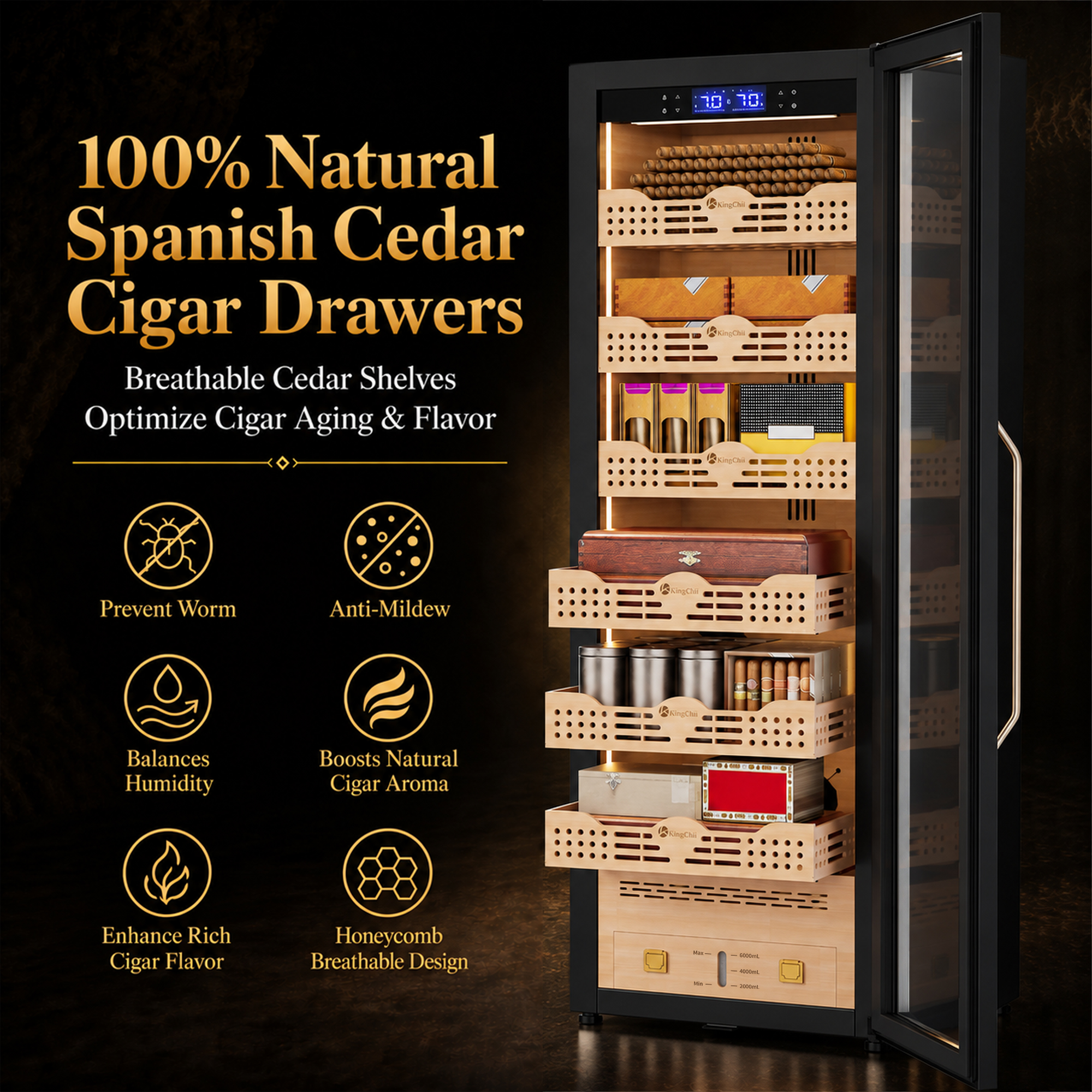 KingChii Pro 338L Smart Compressor Cigar Humidor Cabinet , Gold Glass Door & Compressor Cooling-2180 cigars