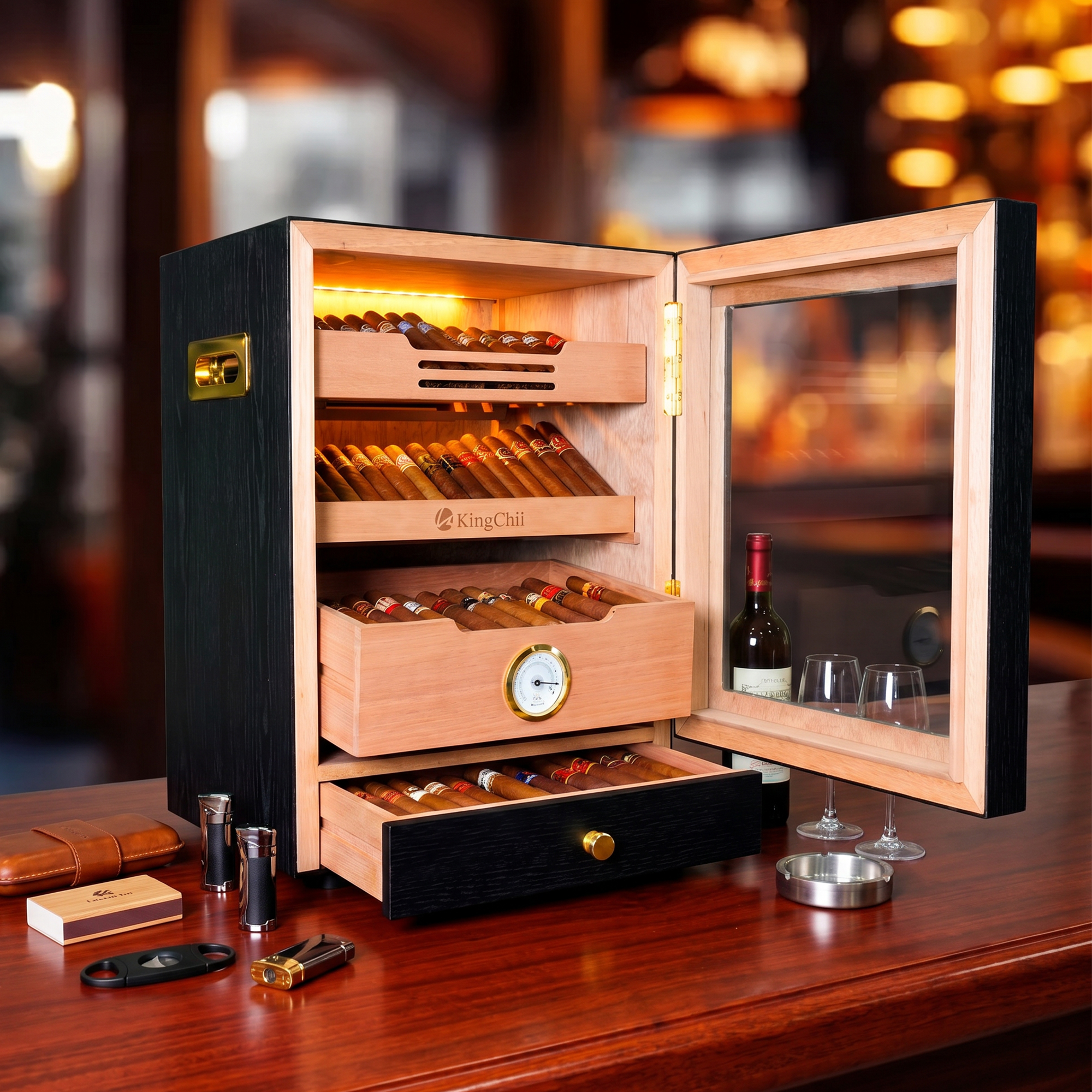 KingChii 20L 100-Cigar Light-Control Humidor, Black