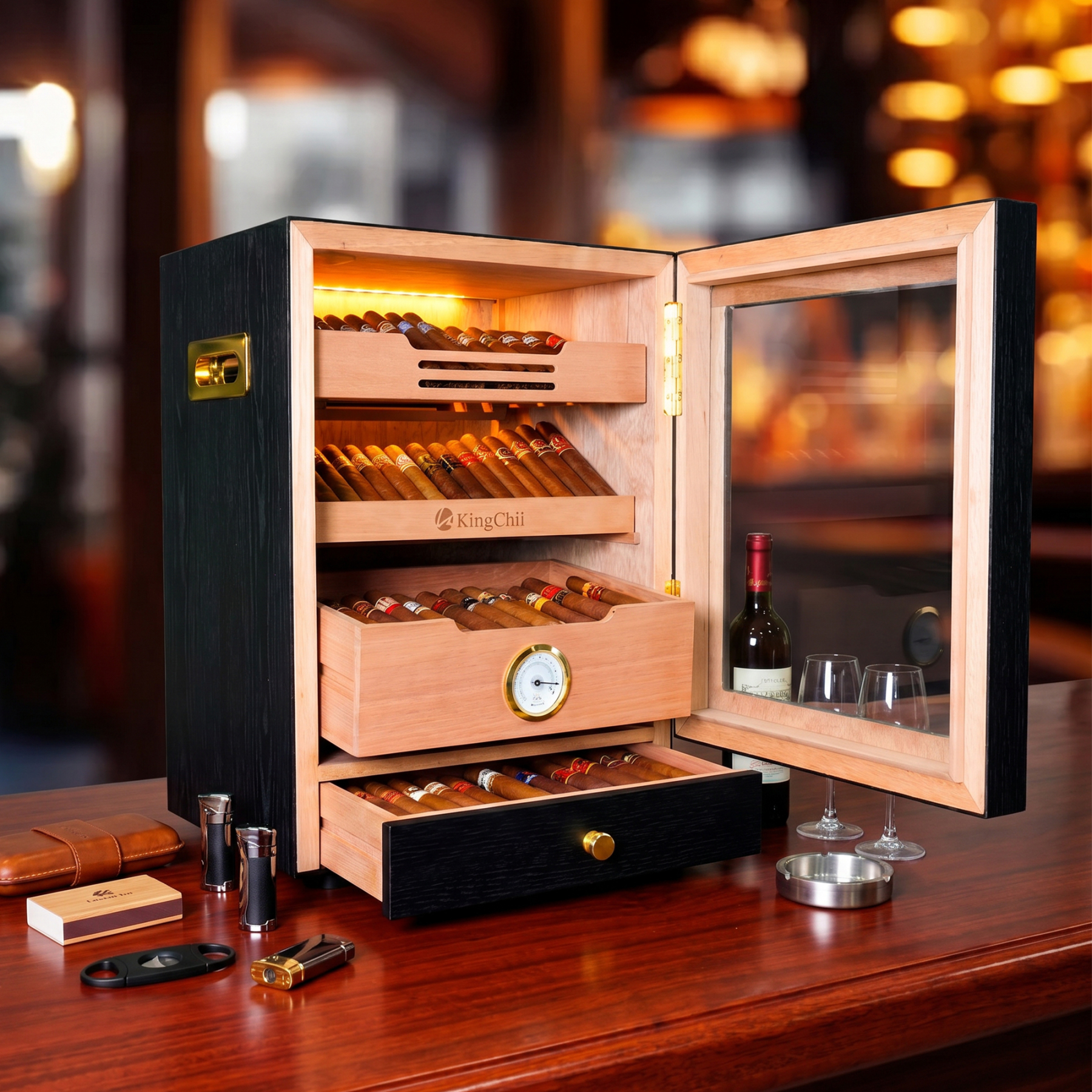 KingChii 20L 100-Cigar Light-Control Humidor, Black