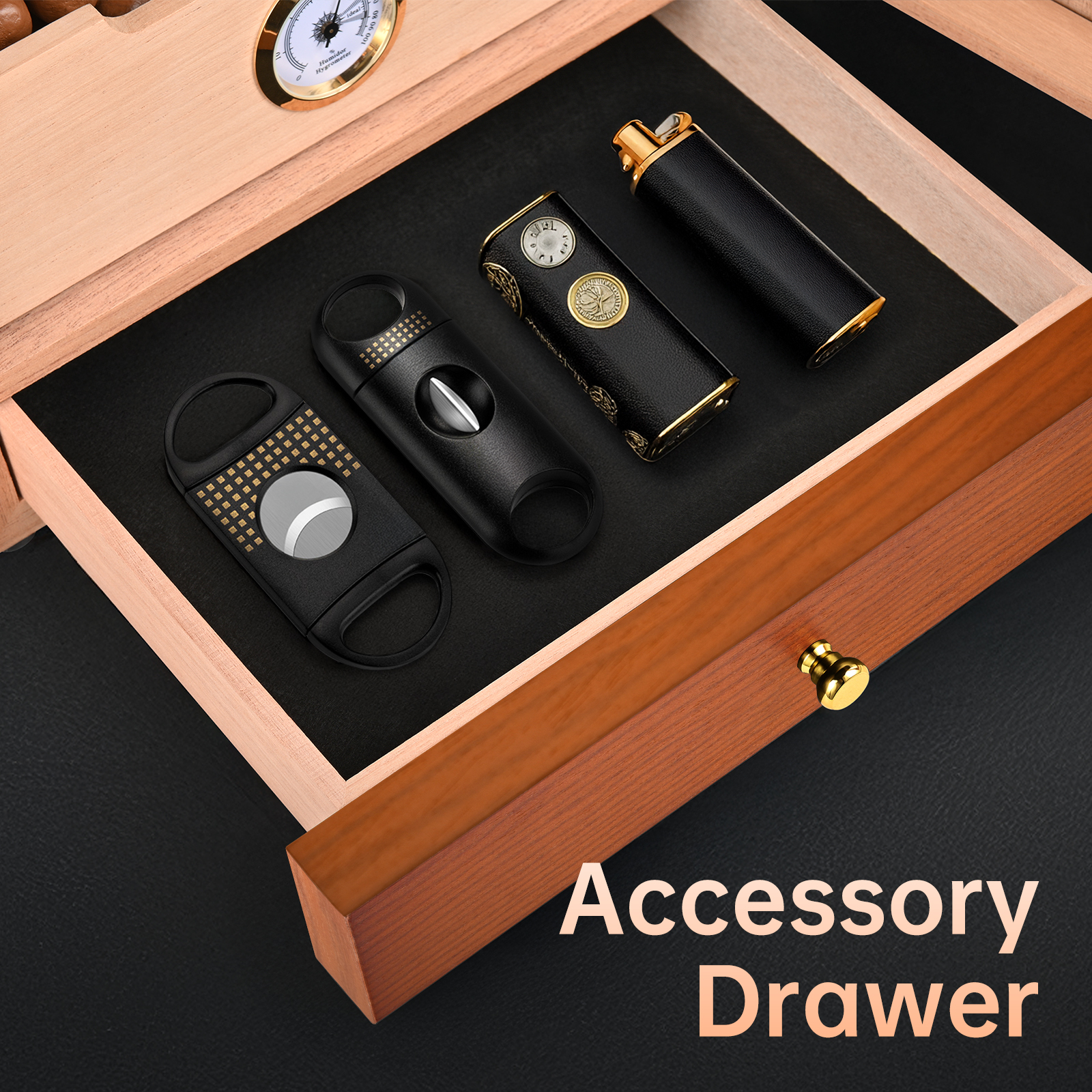 KingChii Cigar Humidor, Light Control System with Spanish Cedar Wood Drawer, Hygrometer, 3 Humidifiers and Cigar Accessories Drawer, Father's Day Gift for Men, Holds 100 Cigars (Brown)