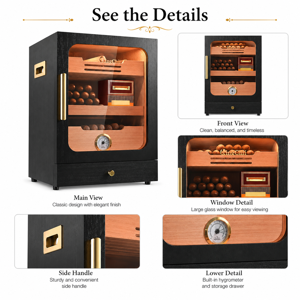 KingChii 20L 100-Cigar Light-Control Humidor, Black
