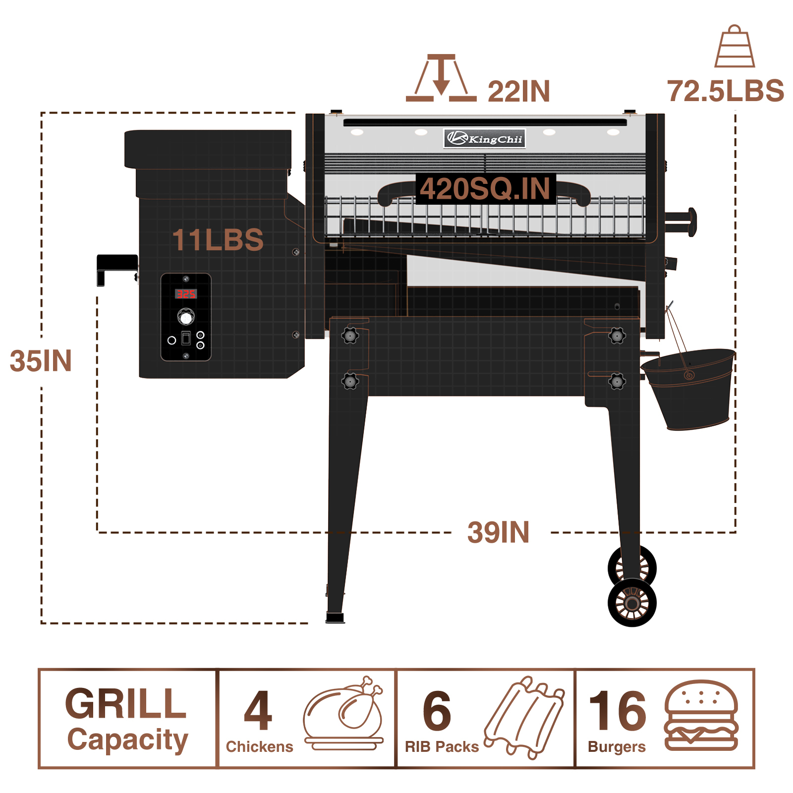 KingChii Wood Pellet Smoker & Grill, 456 sq. in BBQ Smoker with Auto Temperature Control, Folding Legs for Outdoor Patio RV, Bronze
