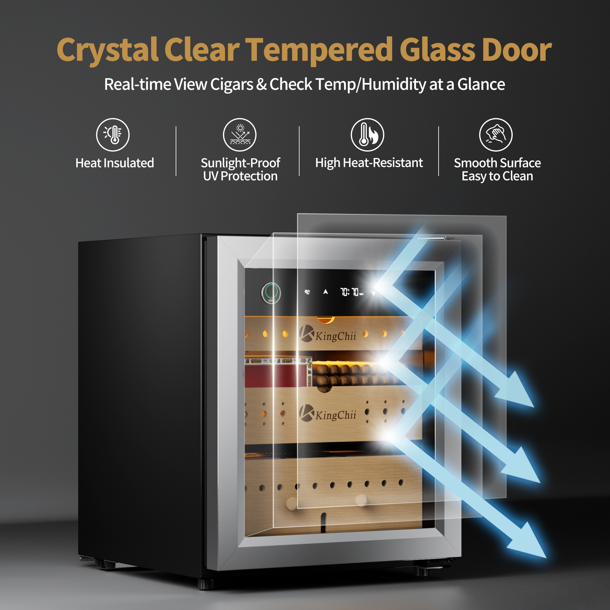 KingChii 50L Electric Compression Cigar Humidor, Temperature & Humidity Control Cabinet, Built-in Fingerprint Lock with Spanish Cedar Wood Shelves & Drawer Hygrometer for Lounge/Home Use-300 Capacity