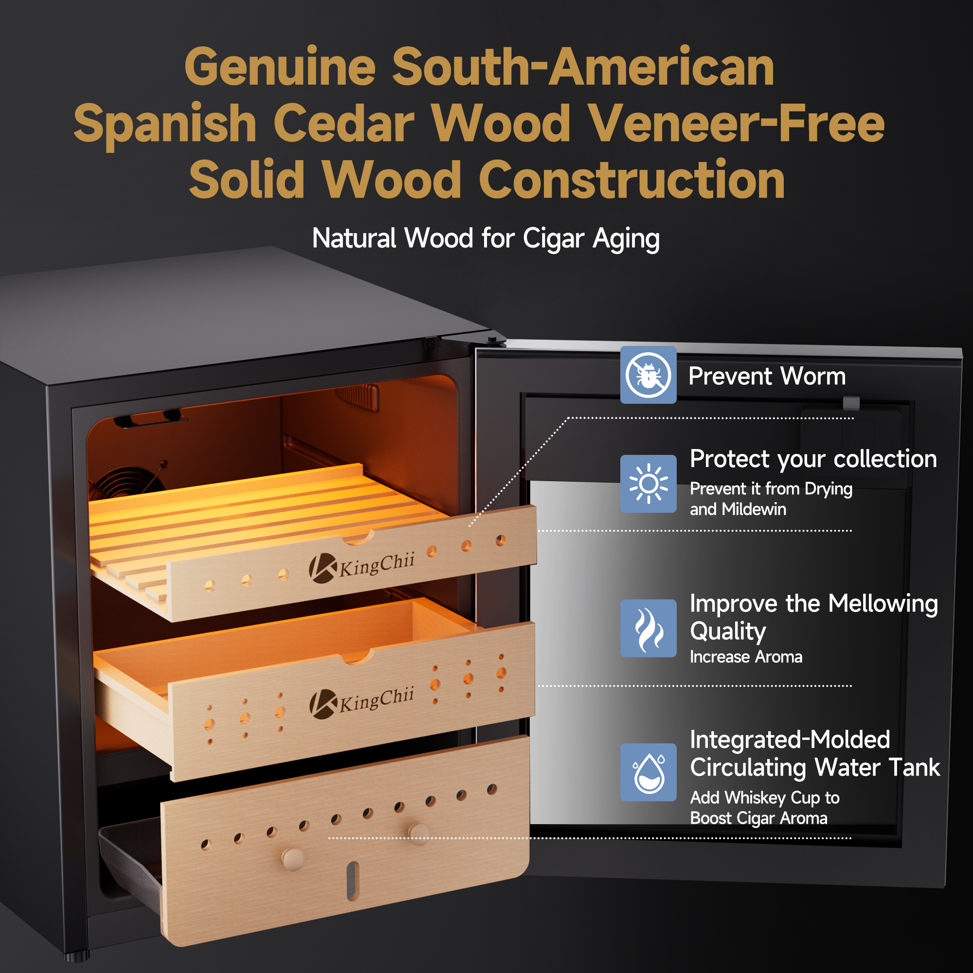 KingChii Pro 50L Compressor Cigar Humidor with Temp & Humidity Control,400-Cigar Capacity