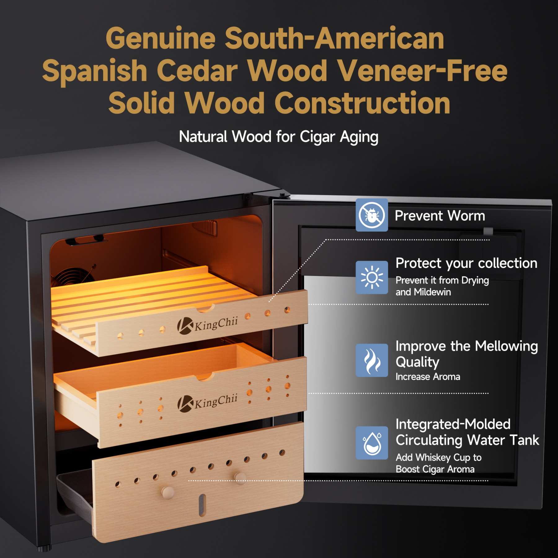 KingChii Pro 50L Compressor Cigar Humidor with Temp & Humidity Control,400-Cigar Capacity