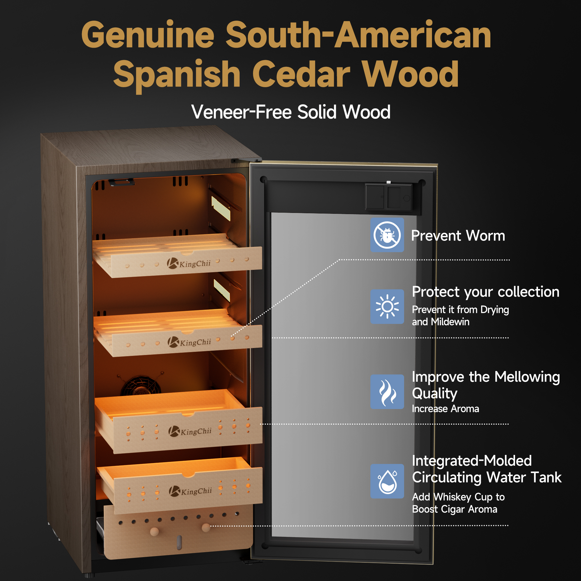 KingChii Pro 105L  Compressor Cigar Humidor Cabinet with Auto Temperature & Humidity Control, 900 Capacity-Gold