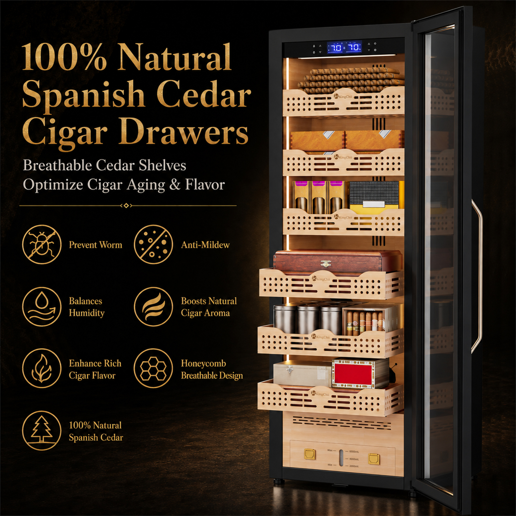 KingChii Pro 338L Smart Compressor Cigar Humidor Cabinet , Gold Glass Door & Compressor Cooling-2180 cigars
