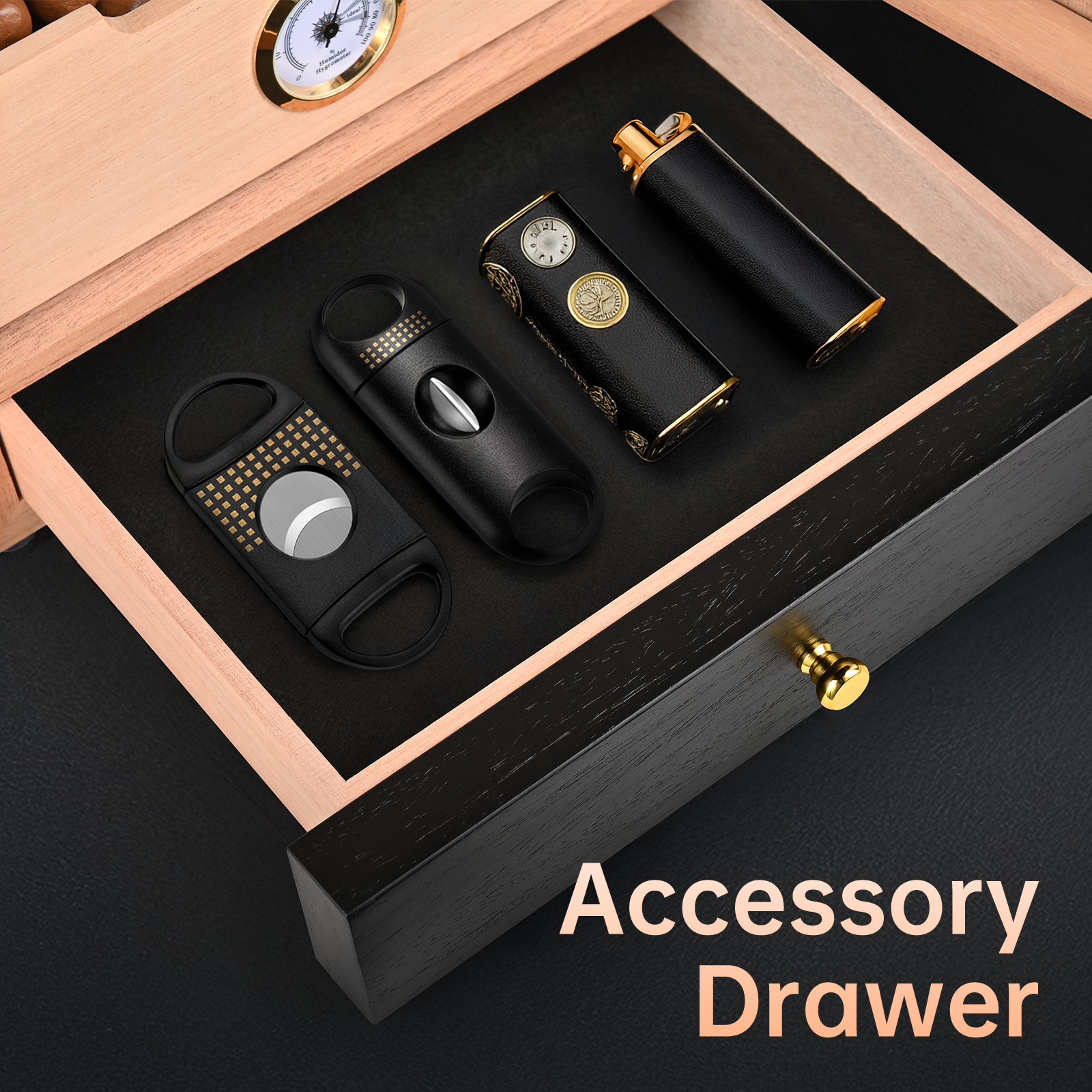 KingChii Cigar Humidor, Light Control System with Spanish Cedar Wood Drawer, Hygrometer, 3 Humidifiers and Cigar Accessories Drawer, for Men, Holds 100 Cigars (Black)