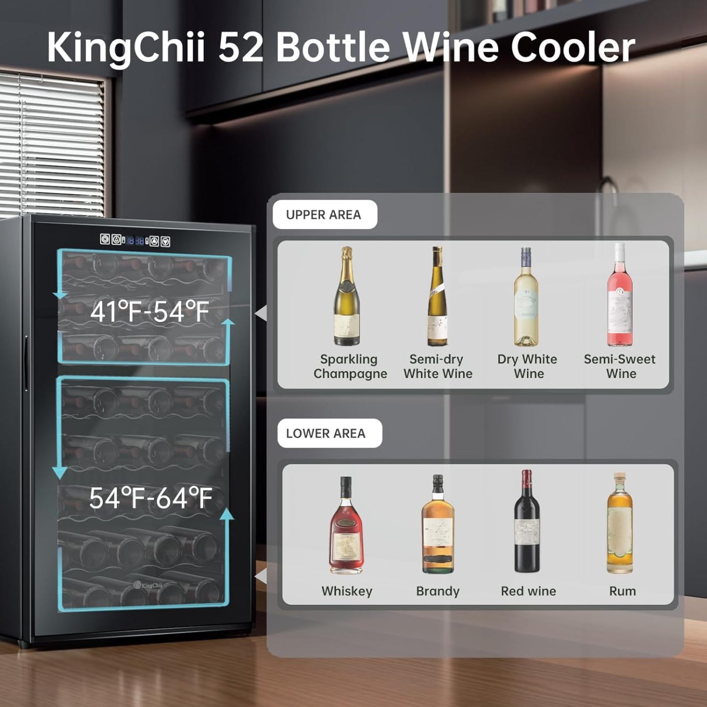 KingChii® 52 Bottles Wine Cooler Refrigerator - Dual Zone Wine Fridge with Intelligent Digital Control, Low Noise Operation, Built-in or Freestanding Wine Refrigerator for Home and Kitchen