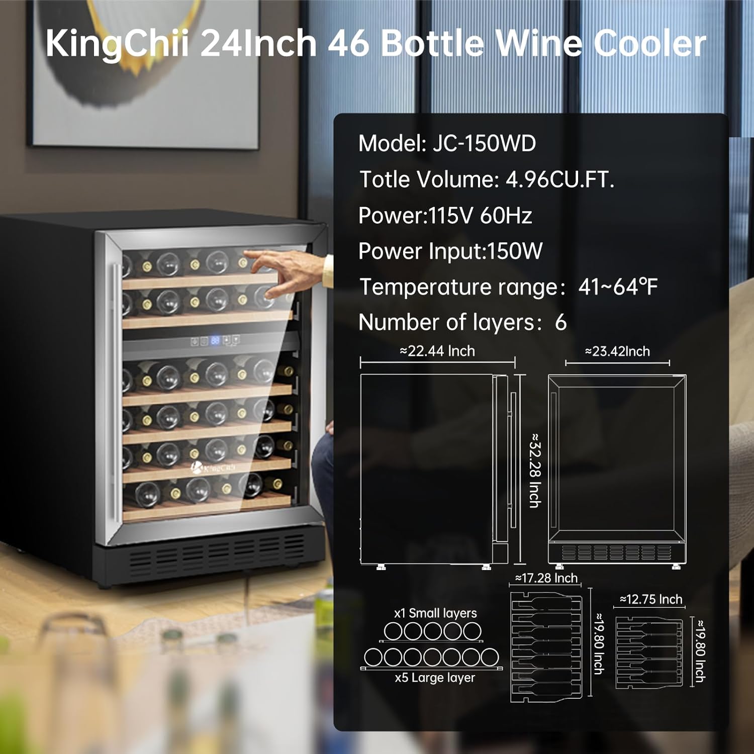 KingChii® 24 Inch 46 Bottles Dual Zone Wine Cooler Refrigerator Professional Compressor, Stainless Steel & Tempered Glass For Red Wine, Champagne - Built-in or Freestanding for Home, Kitchen, or Office