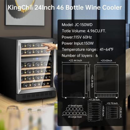 KingChii® 24 Inch 46 Bottles Dual Zone Wine Cooler Refrigerator Professional Compressor, Stainless Steel & Tempered Glass For Red Wine, Champagne - Built-in or Freestanding for Home, Kitchen, or Office