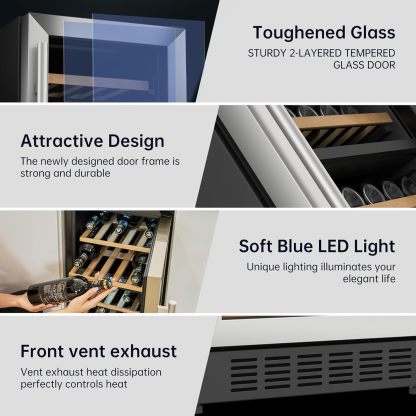 KingChii® 15 Inch 26 Bottles Dual Zone Wine Cooler Refrigerator Professional Compressor, Stainless Steel & Tempered Glass For Red Wine, Champagne - Built-in or Freestanding for Home, Kitchen, or Office
