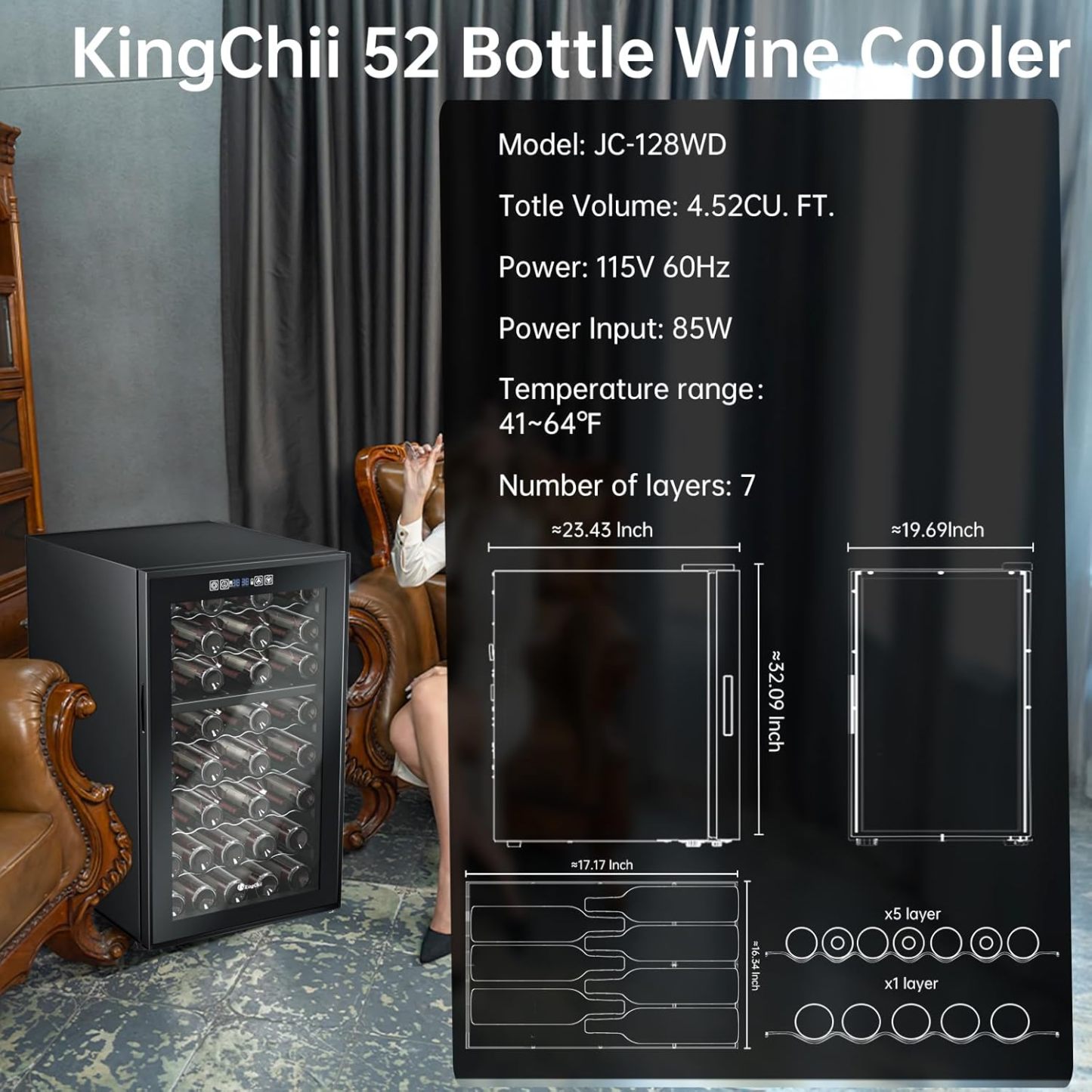 KingChii® 52 Bottles Wine Cooler Refrigerator - Dual Zone Wine Fridge with Intelligent Digital Control, Low Noise Operation, Built-in or Freestanding Wine Refrigerator for Home and Kitchen