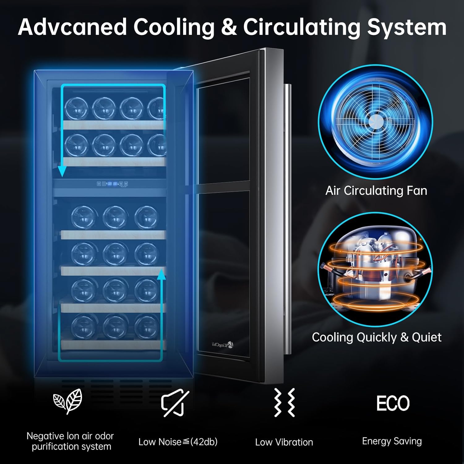 KingChii® 15 Inch 26 Bottles Dual Zone Wine Cooler Refrigerator Professional Compressor, Stainless Steel & Tempered Glass For Red Wine, Champagne - Built-in or Freestanding for Home, Kitchen, or Office
