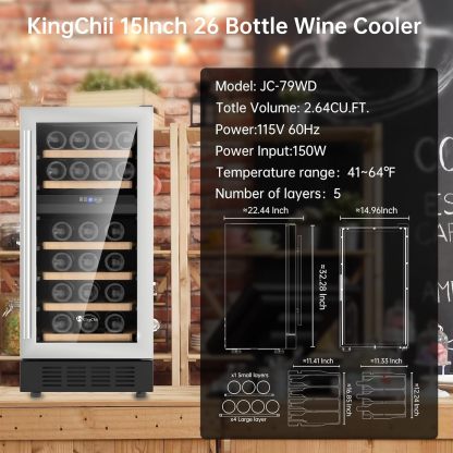 KingChii® 15 Inch 26 Bottles Dual Zone Wine Cooler Refrigerator Professional Compressor, Stainless Steel & Tempered Glass For Red Wine, Champagne - Built-in or Freestanding for Home, Kitchen, or Office