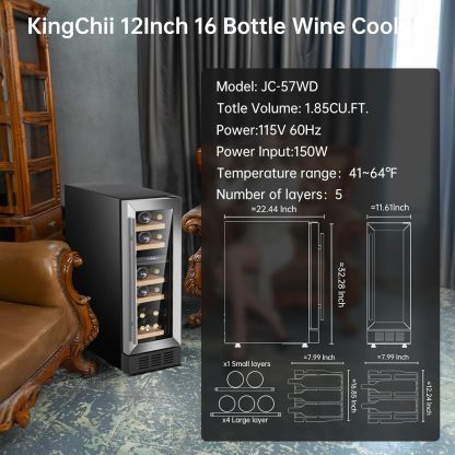 KingChii® 12 Inch 16 Bottles Dual Zone Wine Cooler Refrigerator Professional Compressor, Stainless Steel & Tempered Glass For Red Wine, Champagne - Built-in or Freestanding for Home, Kitchen, or Office