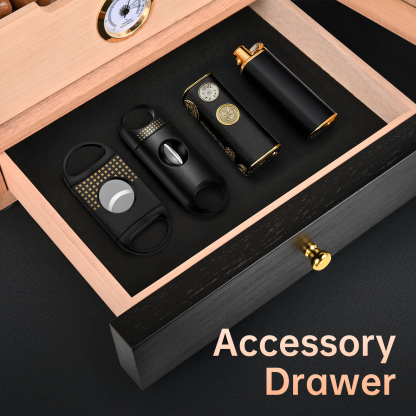 KingChii Cigar Humidor, Light Control System with Spanish Cedar Wood Drawer, Hygrometer, 3 Humidifiers and Cigar Accessories Drawer, for Men, Holds 100 Cigars (Black)