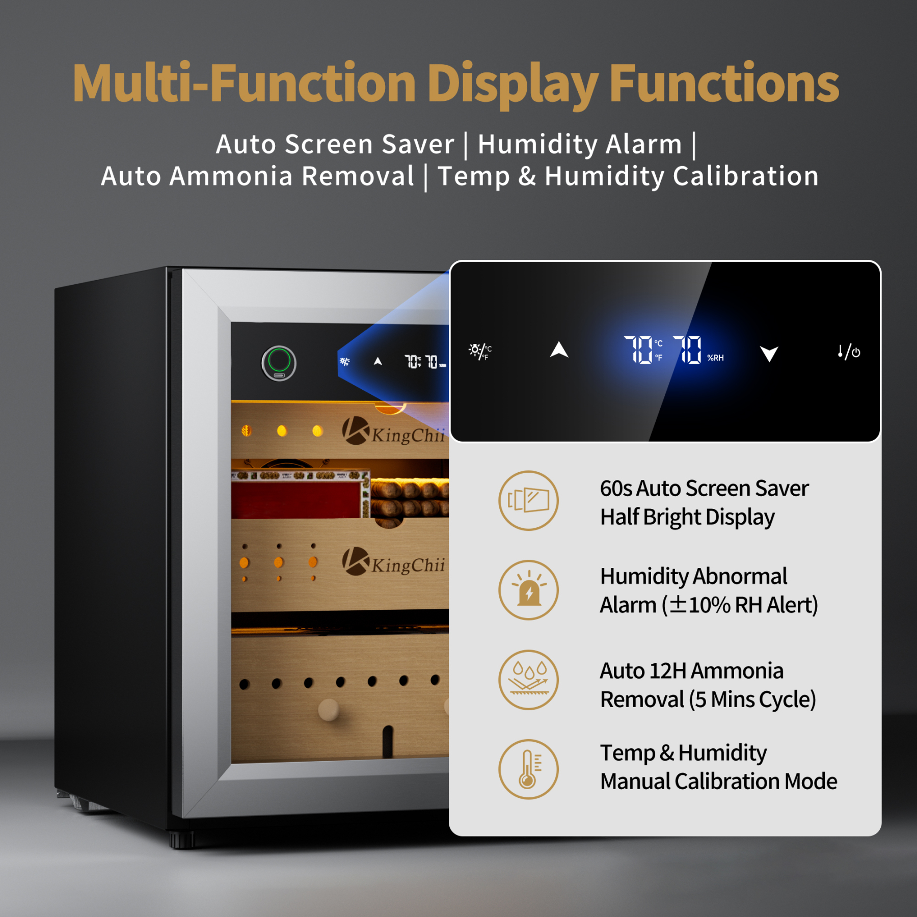 KingChii 50L Electric Compression Cigar Humidor, Temperature & Humidity Control Cabinet, Built-in Fingerprint Lock with Spanish Cedar Wood Shelves & Drawer Hygrometer for Lounge/Home Use-300 Capacity